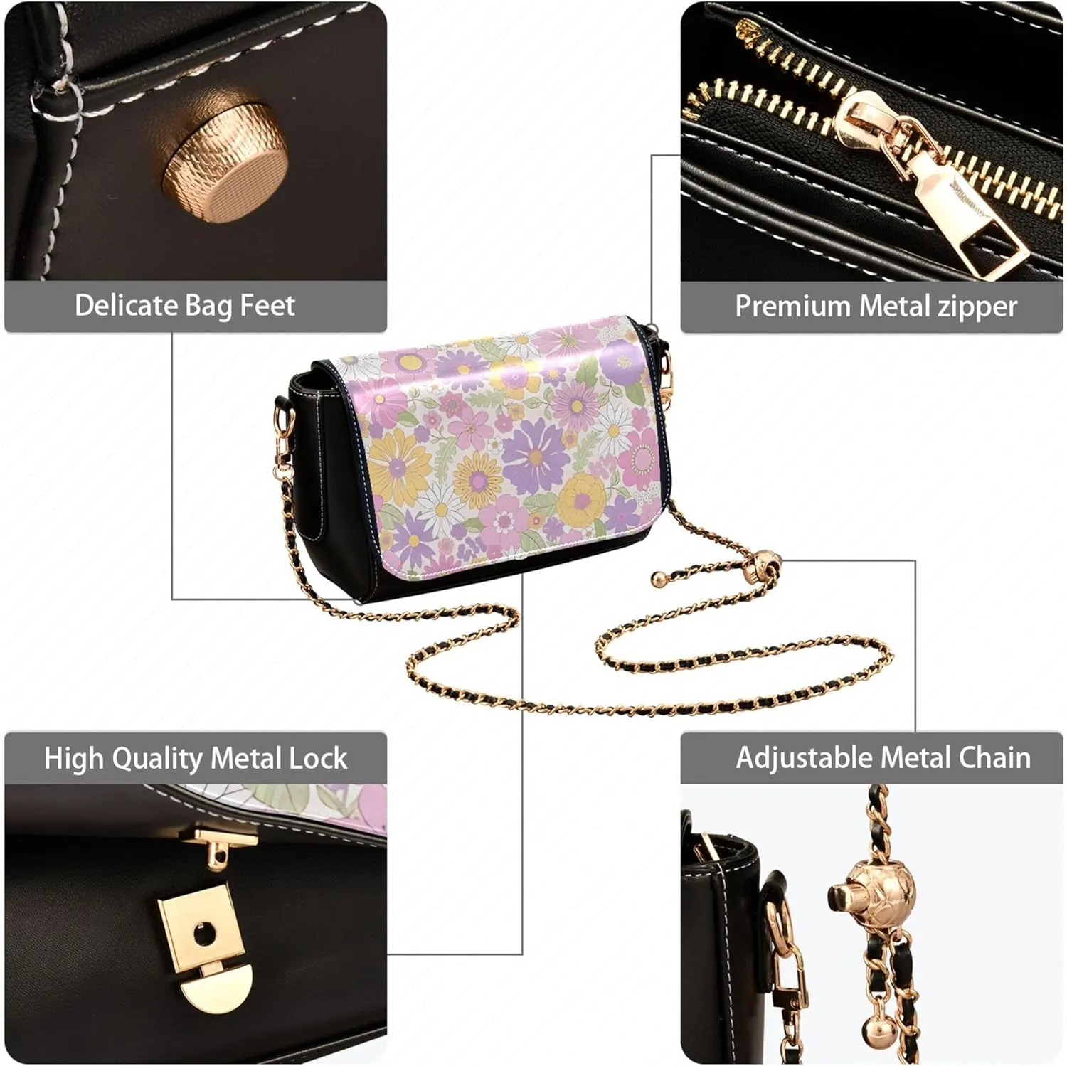 Colorful Flower Vivid Print Crossbody Purses for Women Black Shoulder Leather Bags Wallet Handbags with Chain Strap