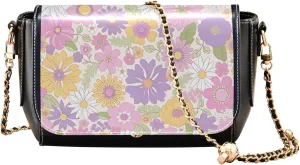 Colorful Flower Vivid Print Crossbody Purses for Women Black Shoulder Leather Bags Wallet Handbags with Chain Strap