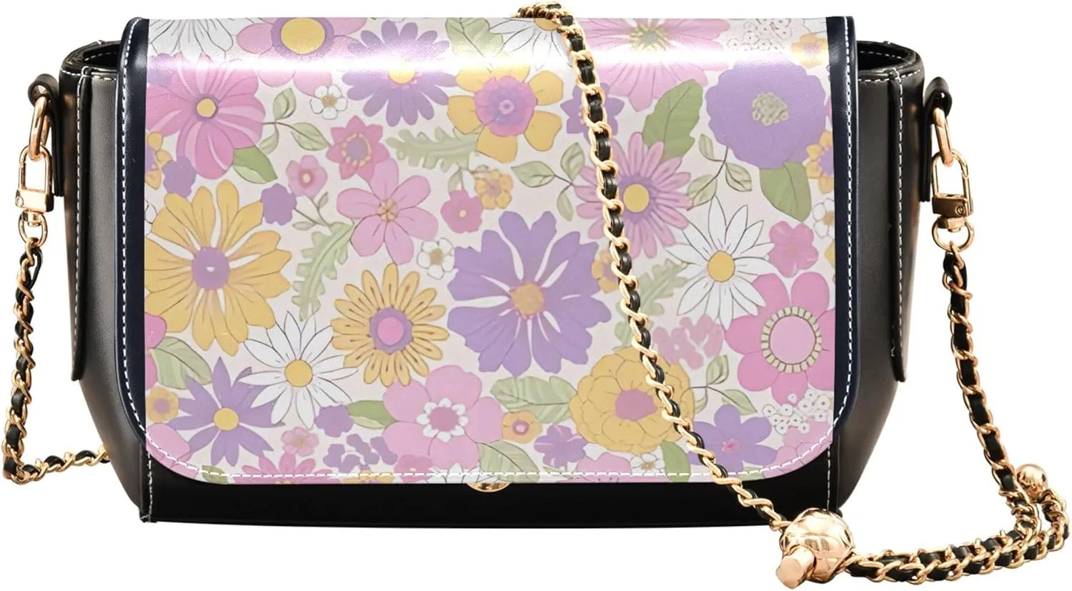 Colorful Flower Vivid Print Crossbody Purses for Women Black Shoulder Leather Bags Wallet Handbags with Chain Strap