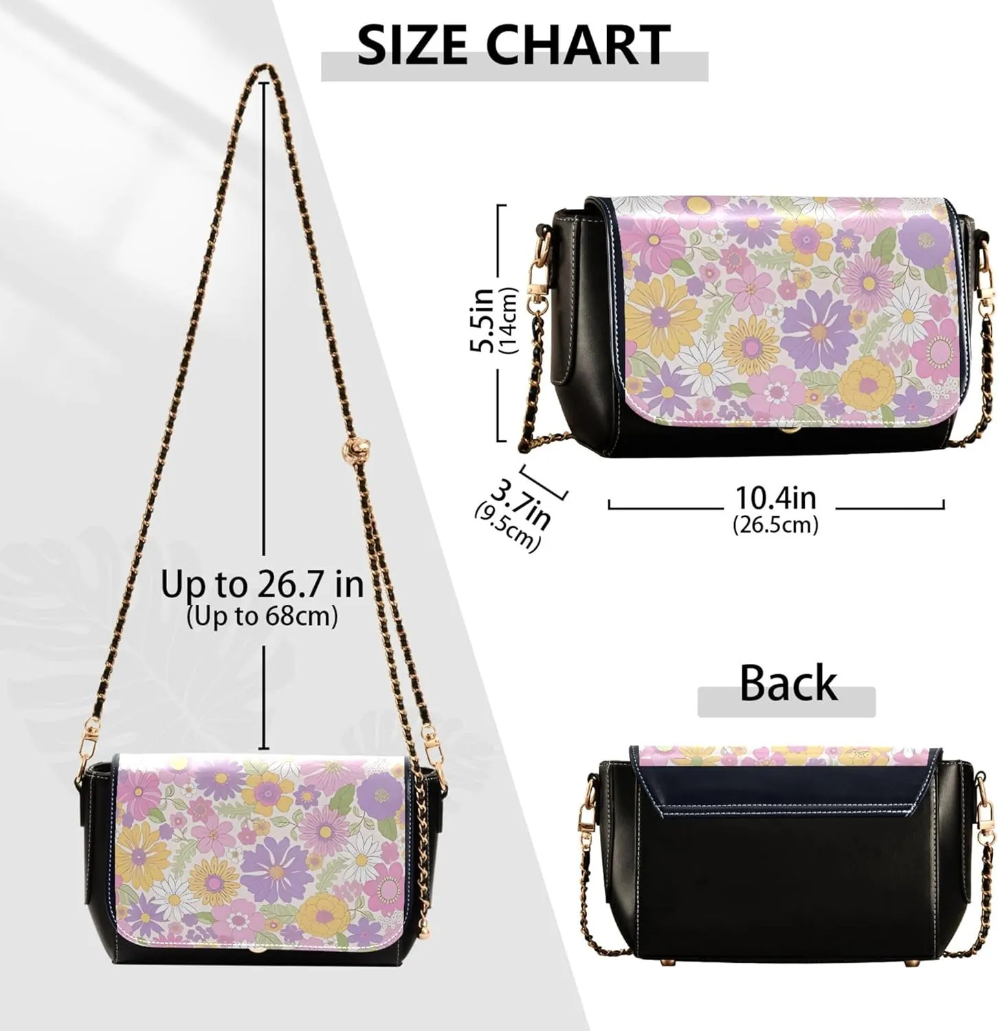 Colorful Flower Vivid Print Crossbody Purses for Women Black Shoulder Leather Bags Wallet Handbags with Chain Strap