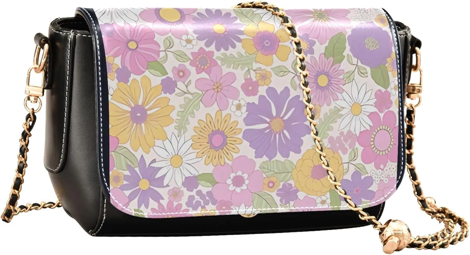 Colorful Flower Vivid Print Crossbody Purses for Women Black Shoulder Leather Bags Wallet Handbags with Chain Strap