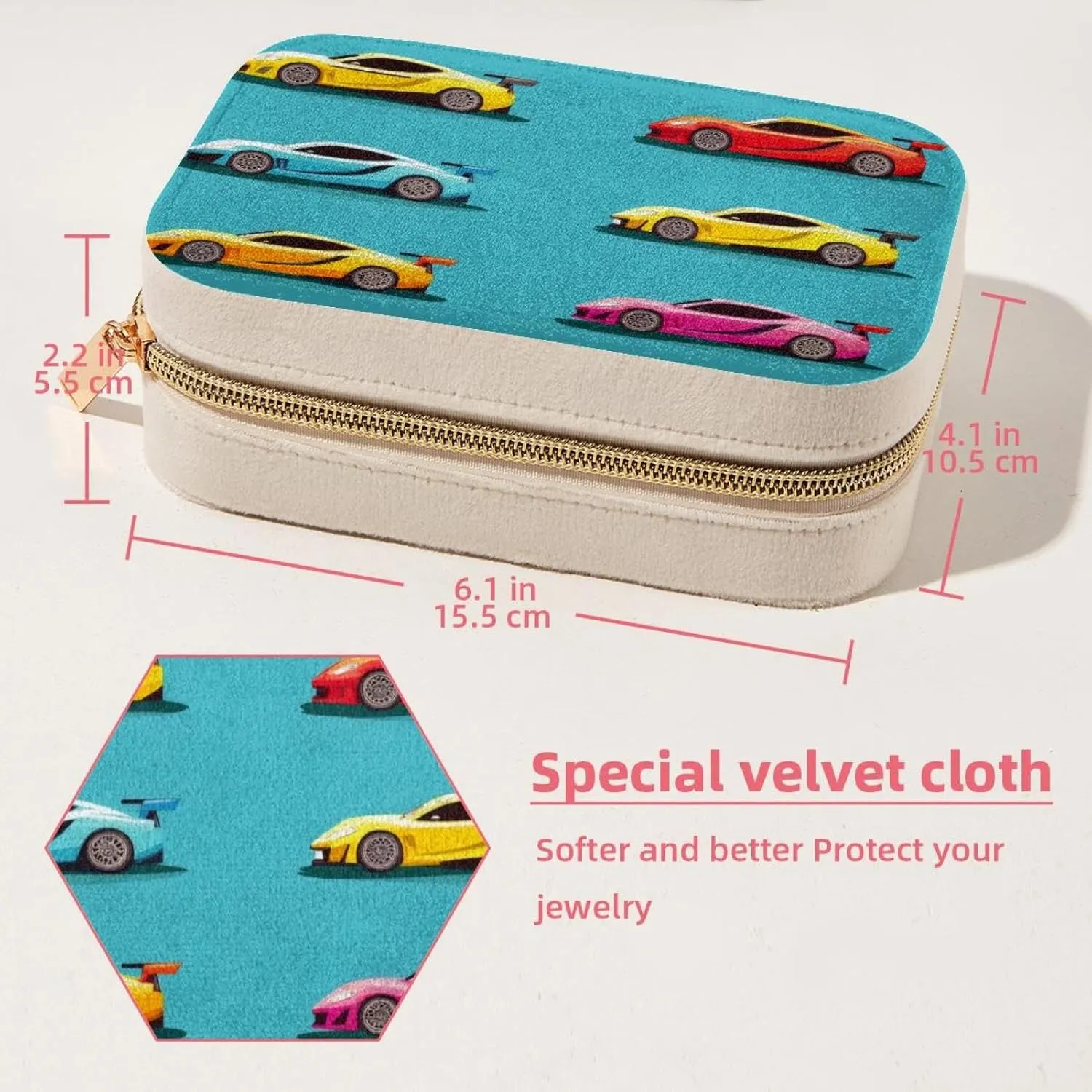 Cool Race Cars Bright Pattern Travel Jewelry Box, Portable Travel Display Case Storage Holder Boxes for Stud Earrings, Rings, Necklaces, Bracelets