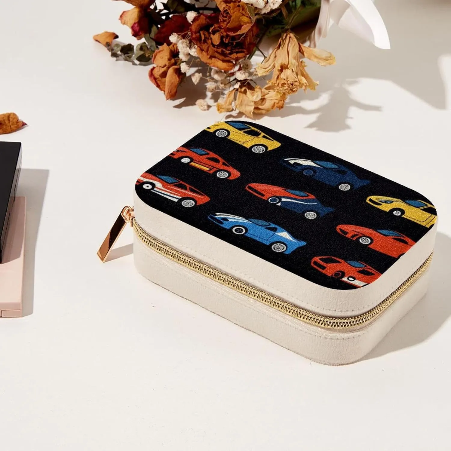 Cool Race Cars Seamless Pattern Jewelry Box Necklace Ring Storage Organizer, PU Leather Jewelry case Portable Travel Jewelry Organizer for Women Girls
