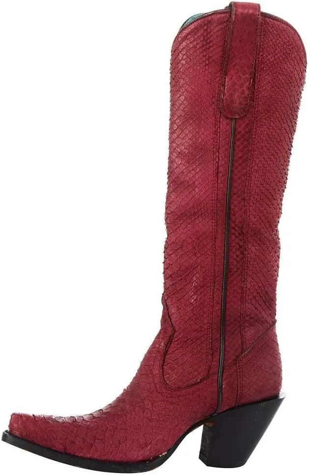 CORRAL LADIE'S RED PYTHON TALL TOP FULL EXOTIC, SNIP TOE, LEATHER SOLE, WESTERN, A4194