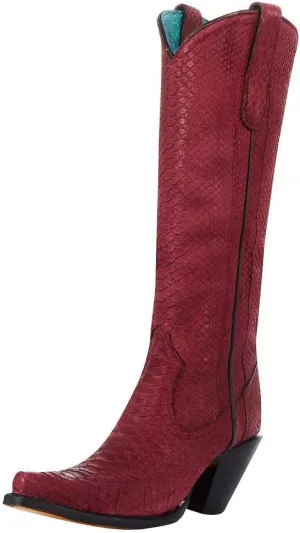 CORRAL LADIE'S RED PYTHON TALL TOP FULL EXOTIC, SNIP TOE, LEATHER SOLE, WESTERN, A4194