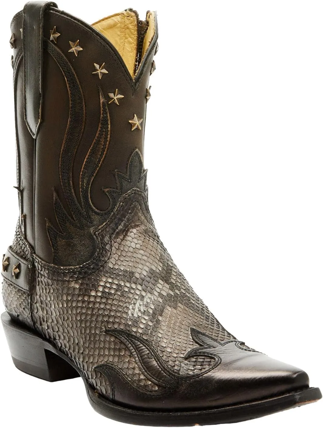 CORRAL MEN'S BLACK/NATURAL PYTHON OVERLAY & EMBROIDERY & STUDS & WING TIP, LEATHER SOLE, MALAYOPYTHON RETICULATUS/COWHIDE LEATHER, URBAN BOOT, C4205