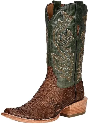 CORRAL MEN'S BROWN/GREEN PYTHON EMBROIDERY NARROW SQ. TOE, LEATHER WITH RUBBER INSERT SOLE, WESTERN A4287