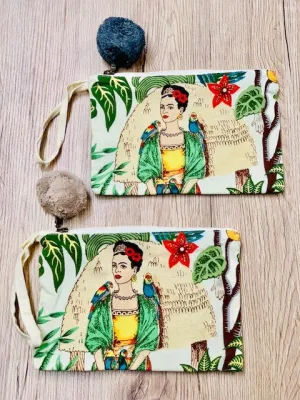 COTTON FRIDA PRINT POMPOM CLUTCH