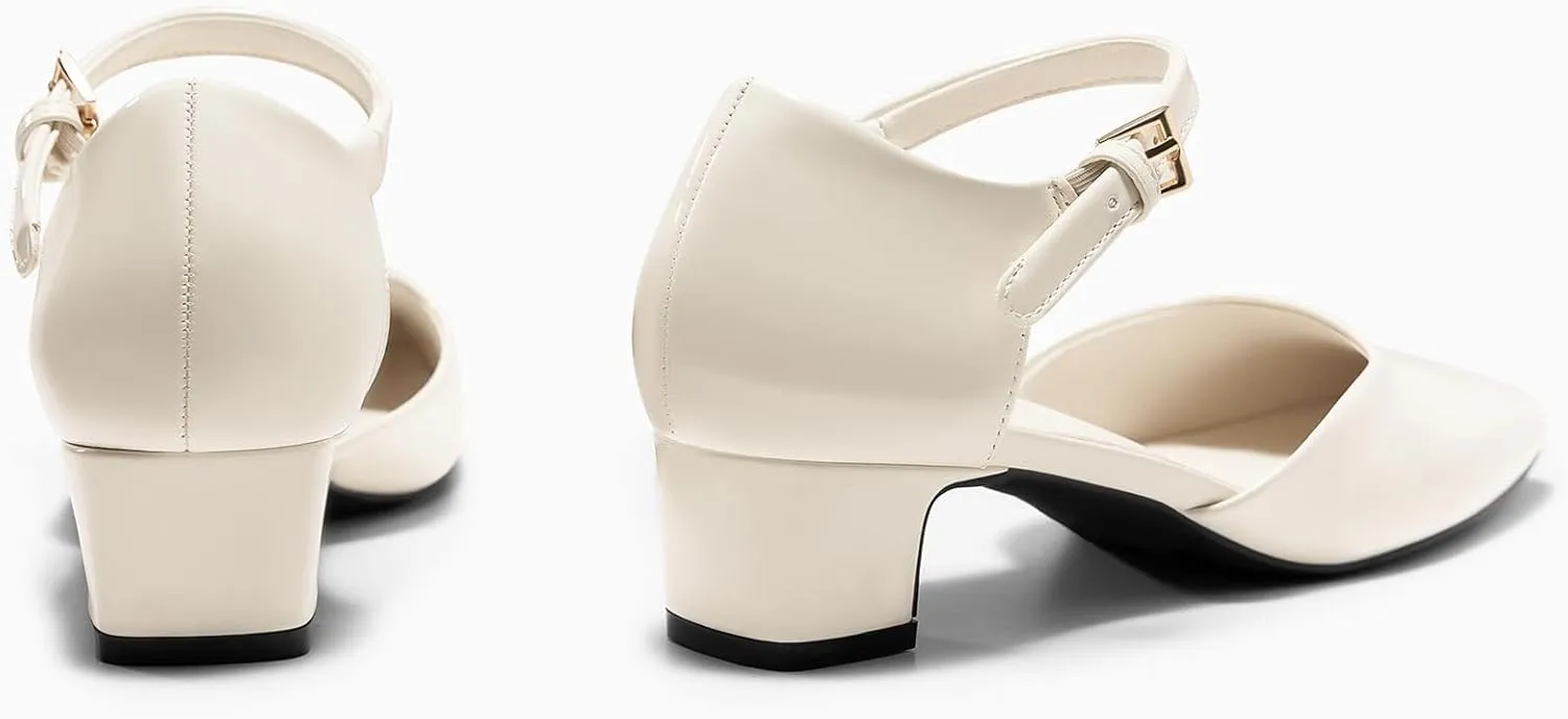 Coutgo Womens Chunky Low Heels Dress Shoes Ankle Buckle Strap Square Toe D'Orsay Pumps Work Party Shoes