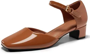Coutgo Womens Chunky Low Heels Dress Shoes Ankle Buckle Strap Square Toe D'Orsay Pumps Work Party Shoes