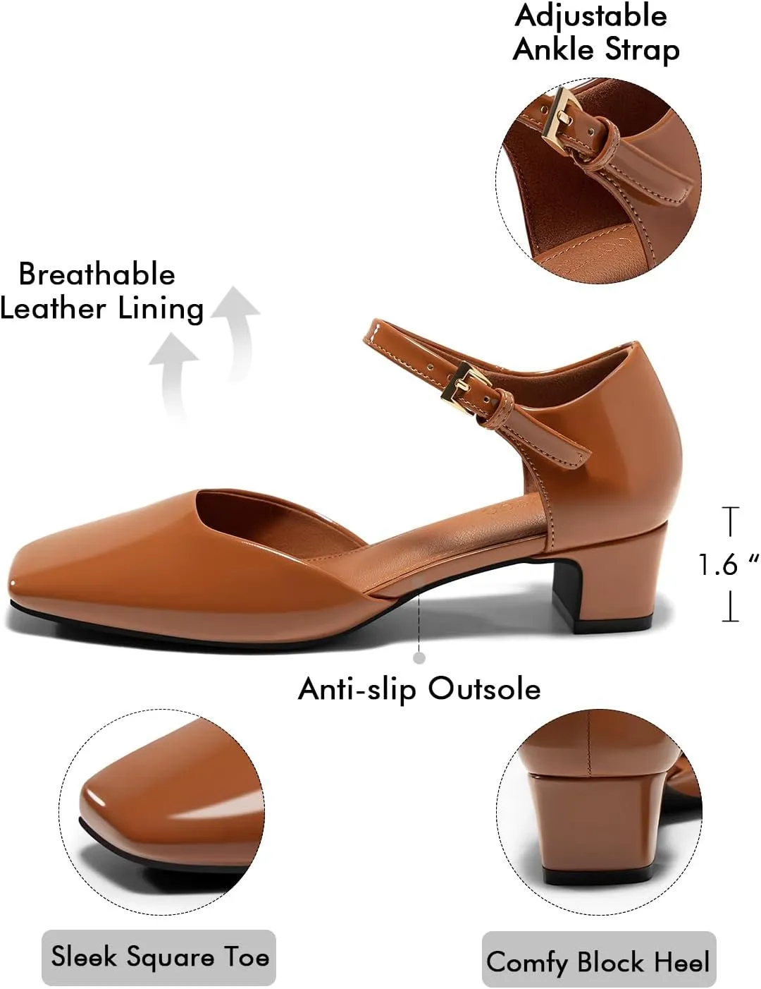 Coutgo Womens Chunky Low Heels Dress Shoes Ankle Buckle Strap Square Toe D'Orsay Pumps Work Party Shoes