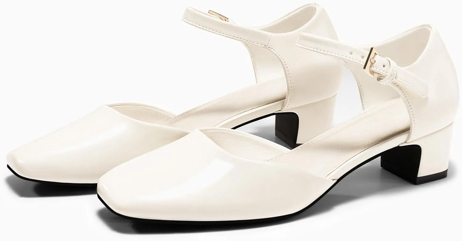 Coutgo Womens Chunky Low Heels Dress Shoes Ankle Buckle Strap Square Toe D'Orsay Pumps Work Party Shoes