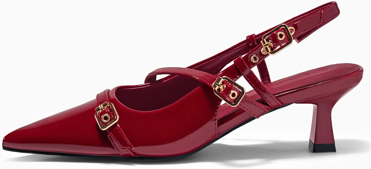 Coutgo Womens Slingback Kitten Heels Low Heel Closed Pointed Toe Pumps Buckle Strap Heeled Sandals Shoes