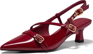 Coutgo Womens Slingback Kitten Heels Low Heel Closed Pointed Toe Pumps Buckle Strap Heeled Sandals Shoes