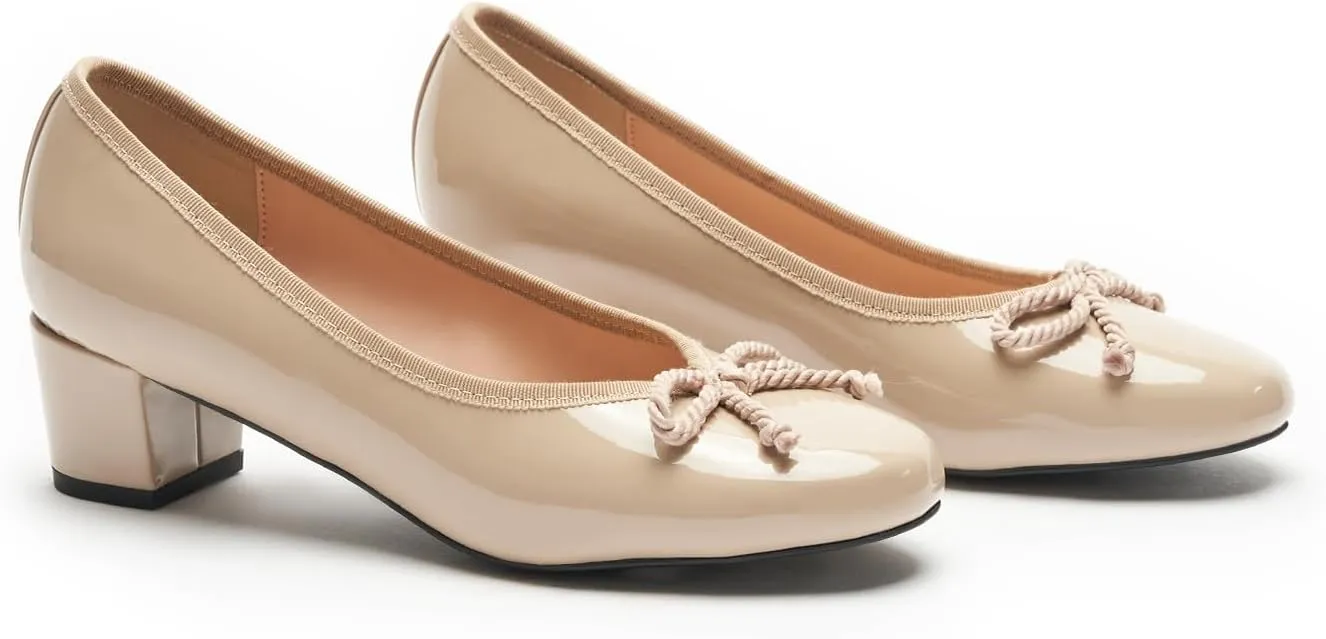 C.Paravano Women's Chunky Heel Ballet Pumps-Patent Leather Dress Shoes with Bowknots for Wedding & Office, Spring Date Nights, Business Casual