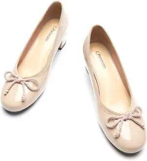 C.Paravano Women's Chunky Heel Ballet Pumps-Patent Leather Dress Shoes with Bowknots for Wedding & Office, Spring Date Nights, Business Casual