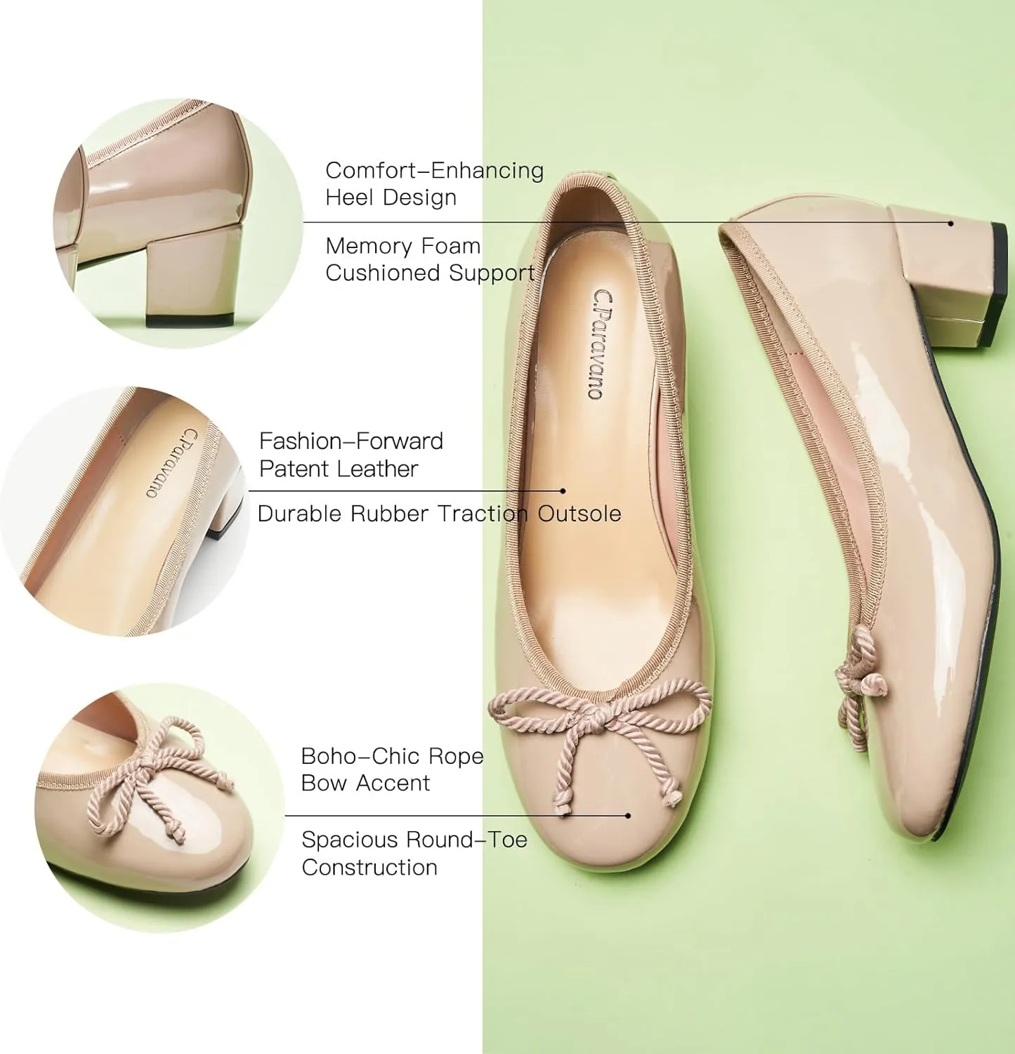 C.Paravano Women's Chunky Heel Ballet Pumps-Patent Leather Dress Shoes with Bowknots for Wedding & Office, Spring Date Nights, Business Casual