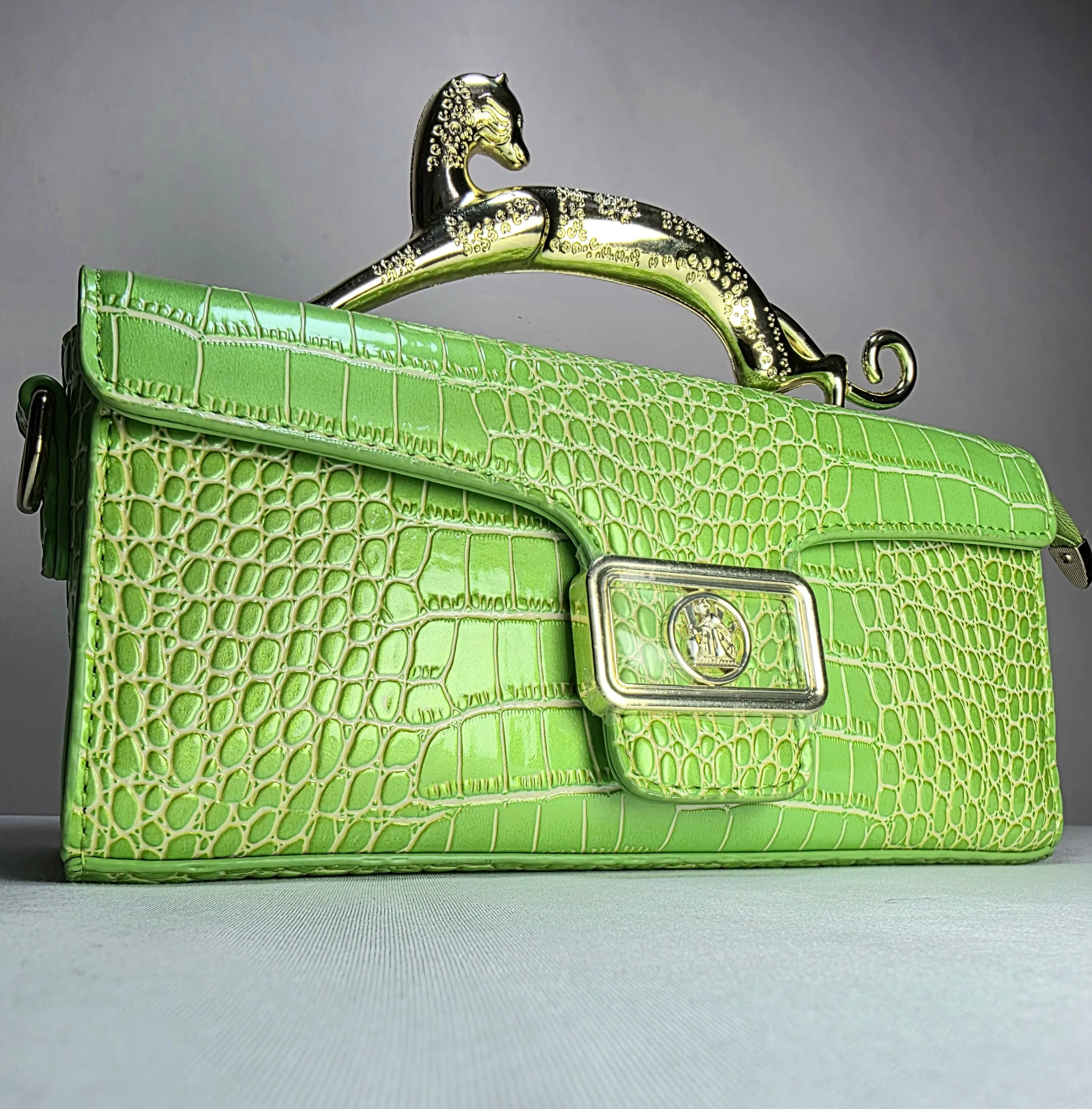Croc Embossed Clutch with Gold Panther Handle