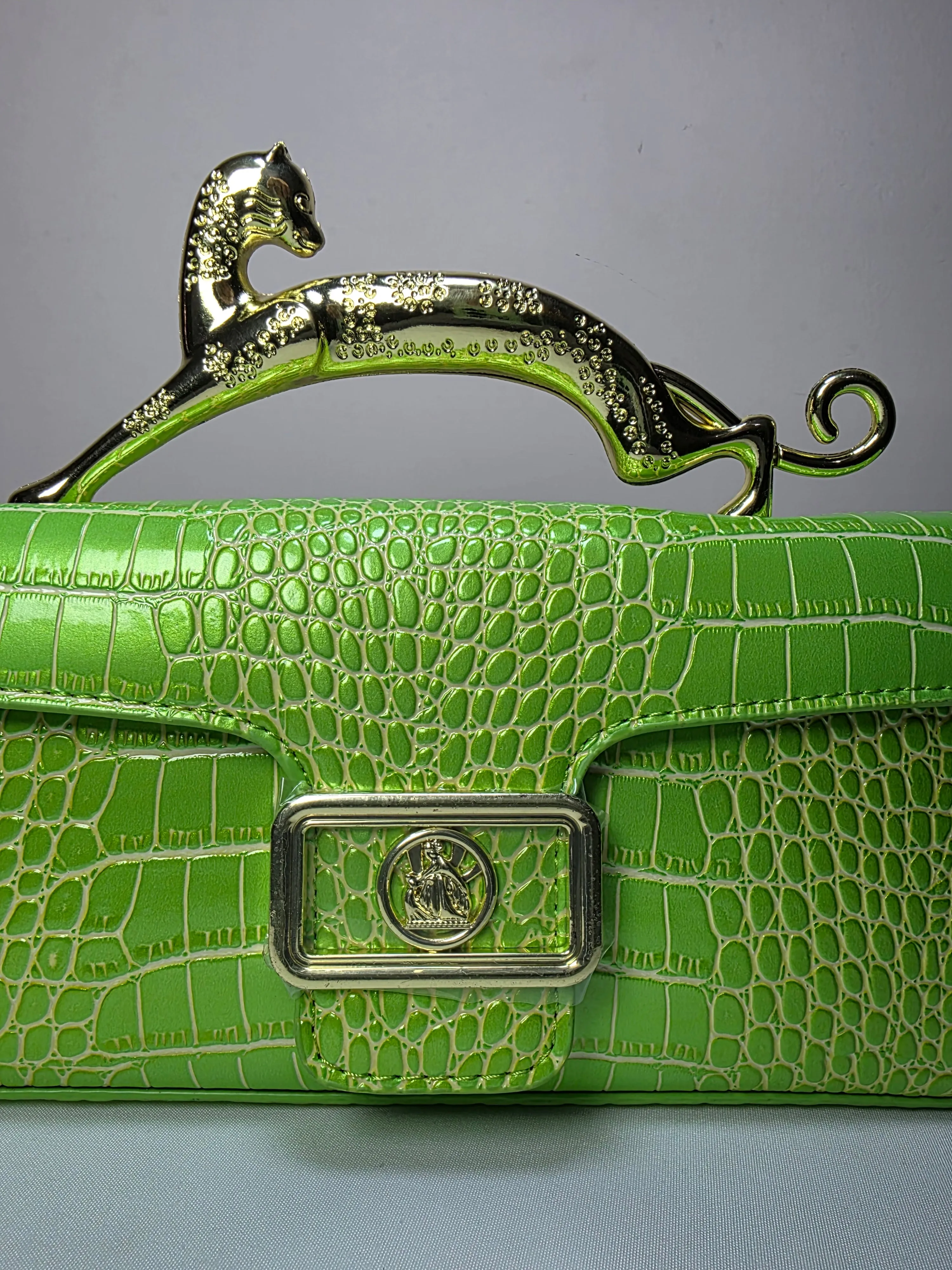 Croc Embossed Clutch with Gold Panther Handle