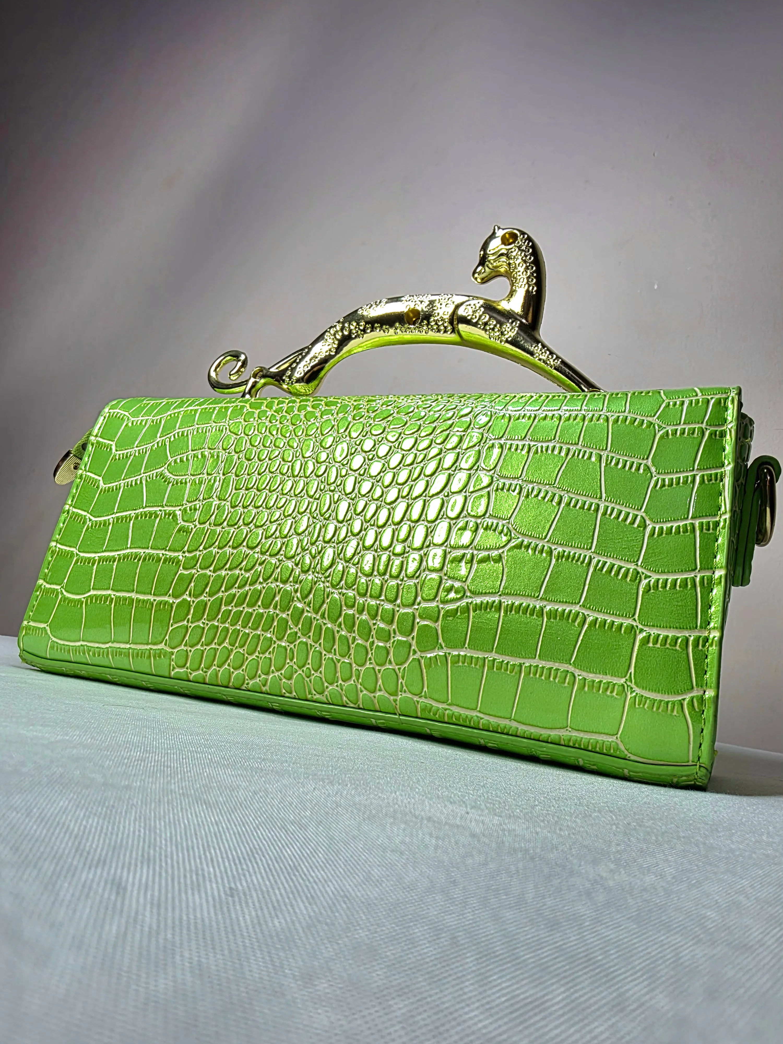 Croc Embossed Clutch with Gold Panther Handle