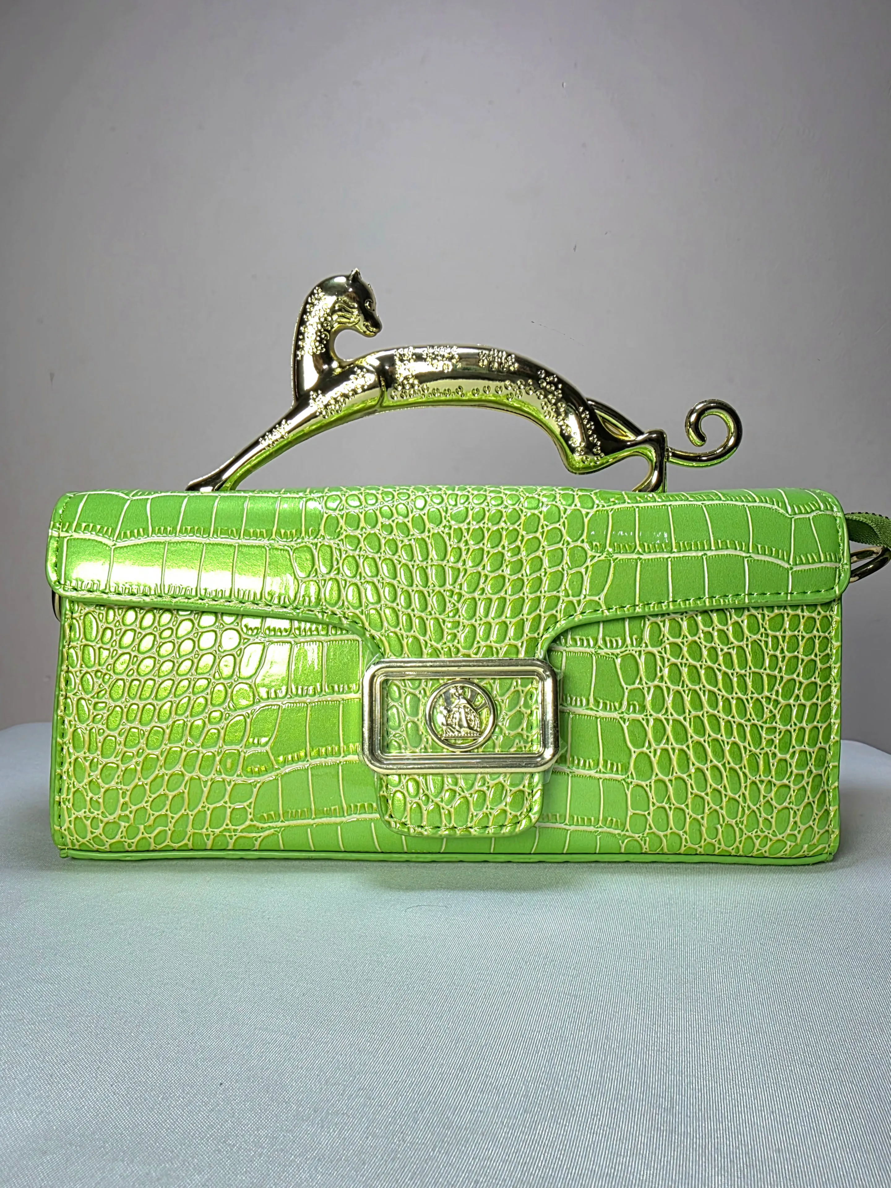 Croc Embossed Clutch with Gold Panther Handle