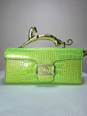 Croc Embossed Clutch with Gold Panther Handle