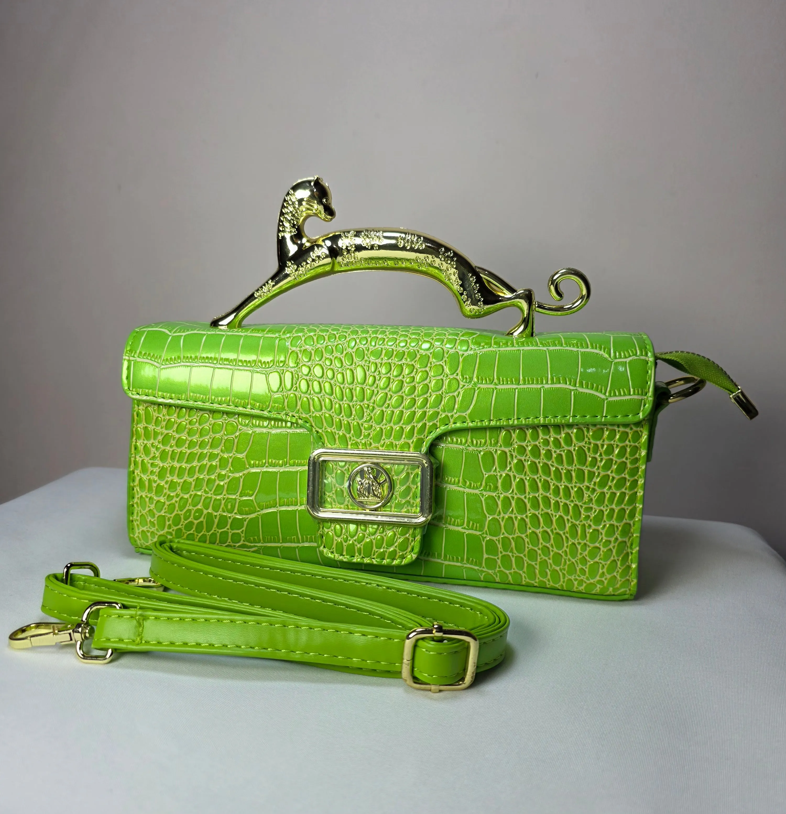 Croc Embossed Clutch with Gold Panther Handle