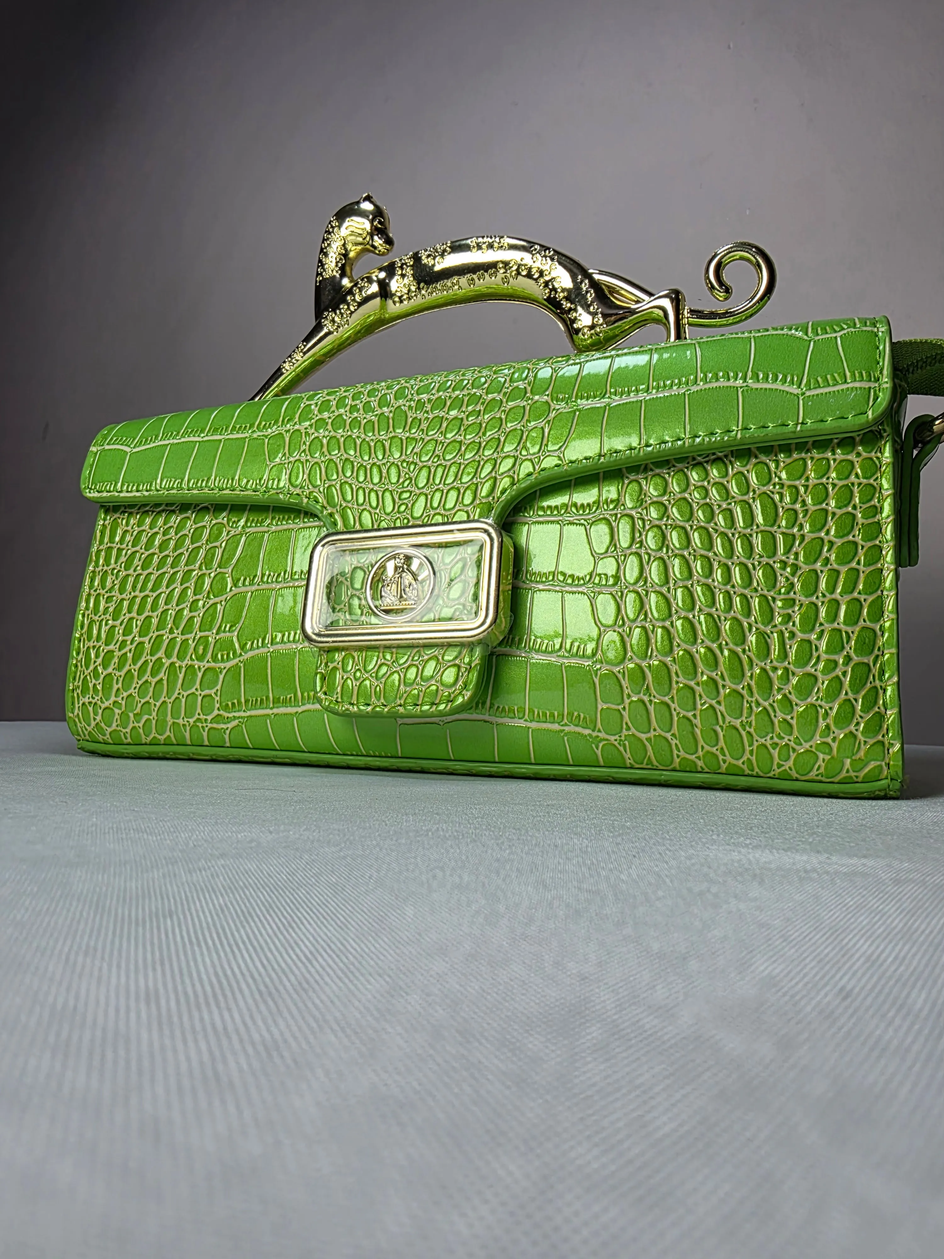 Croc Embossed Clutch with Gold Panther Handle