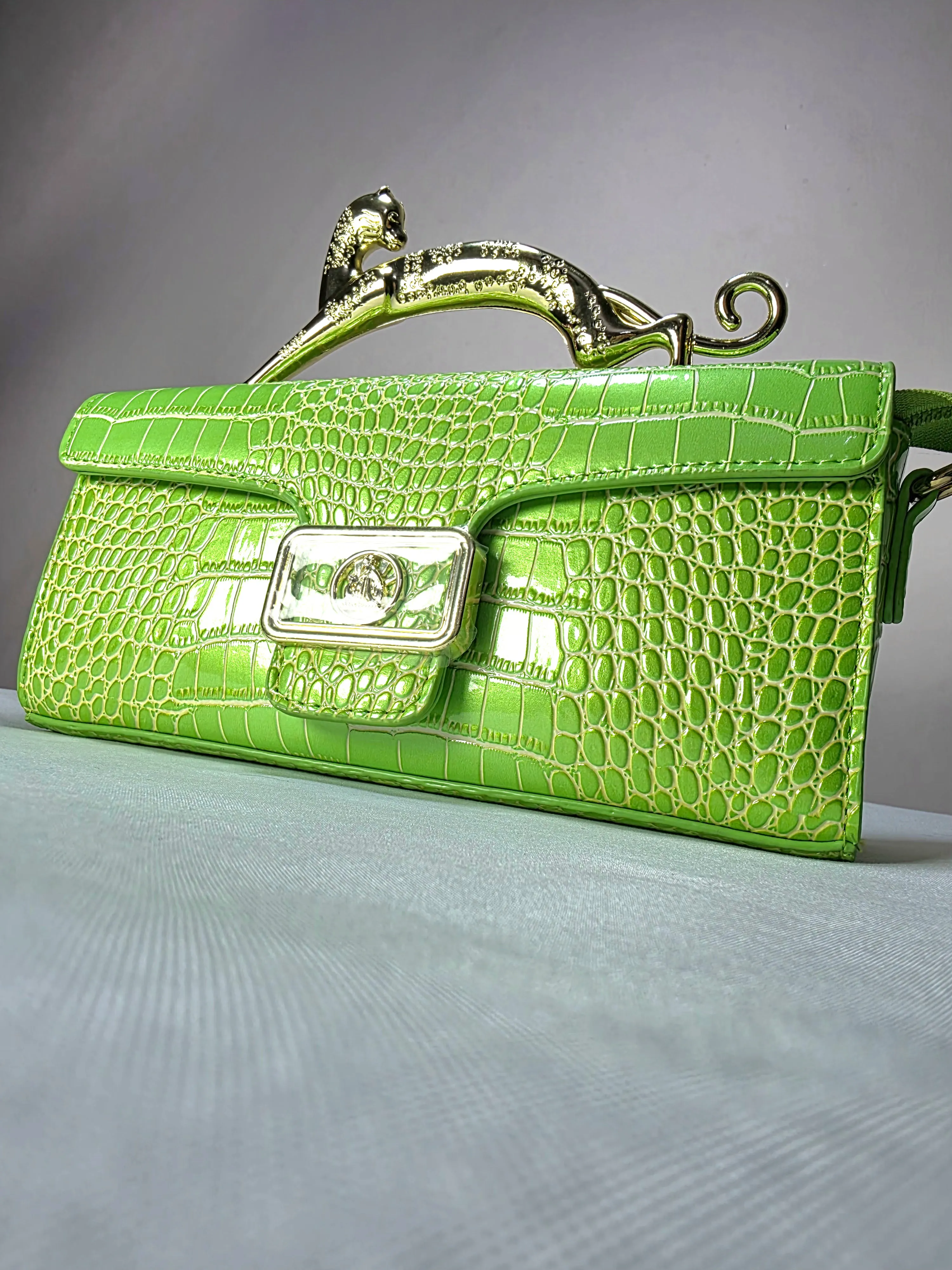 Croc Embossed Clutch with Gold Panther Handle