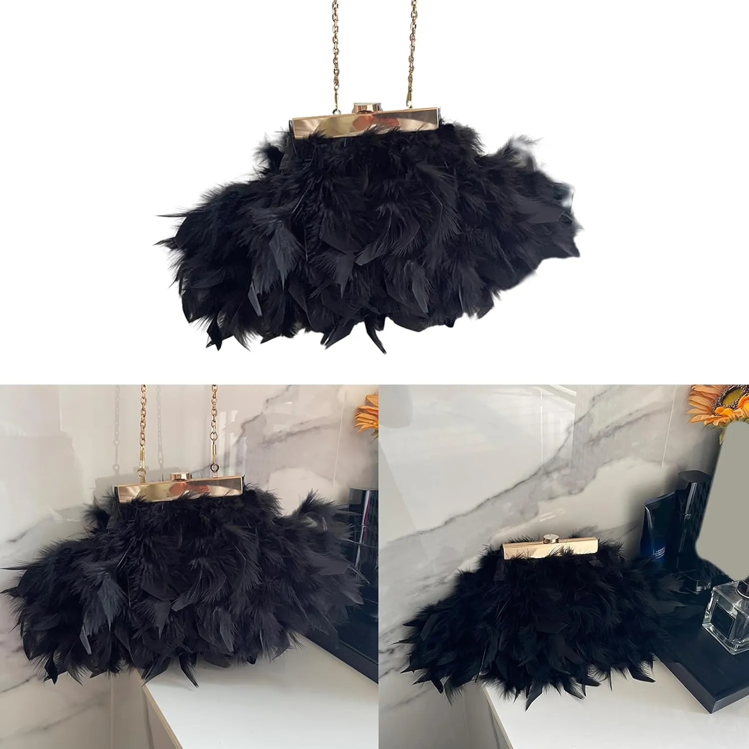 Crossbody Bag Plush Feather Clutch Purse Evening Bag Wedding Bag Handbag Purse Detachable Chain Shoulder Bag, Hot Pink