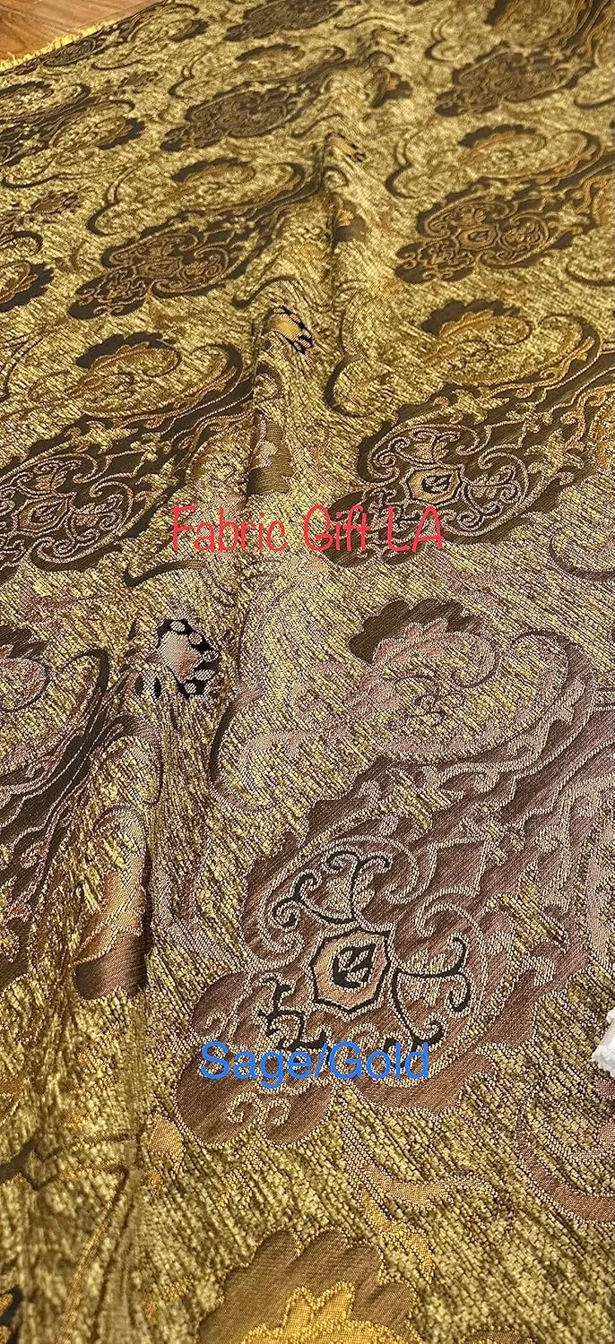 Damask, Chenille,Upholstery,Drapery Fabric, Sold by The Yard 58" Wide (Sage/Gold)
