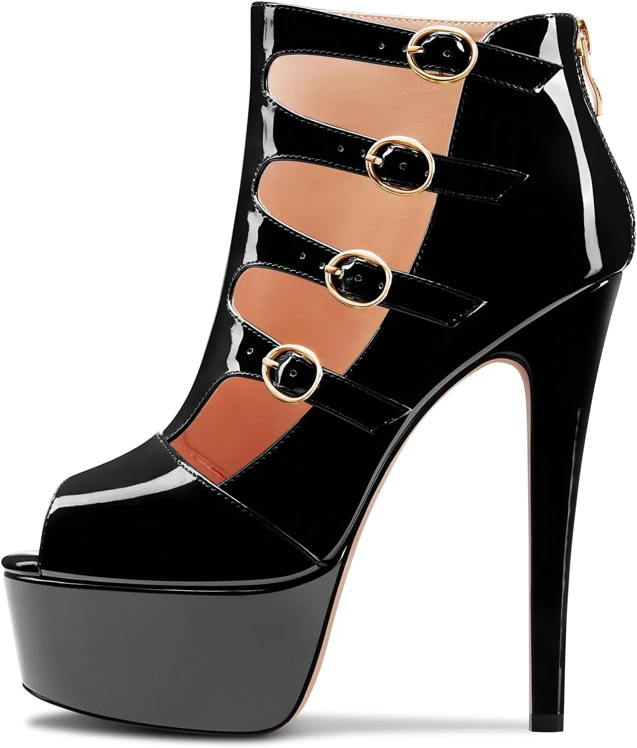 DearOnly Womens Platform Stiletto High Heel Peep Open Toe Sandals Zipper Buckle Wedding Dress Patent Leather 5.9 Inches Heels