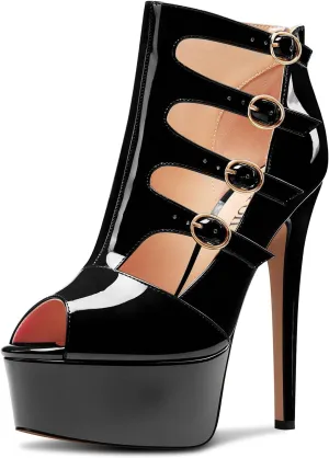 DearOnly Womens Platform Stiletto High Heel Peep Open Toe Sandals Zipper Buckle Wedding Dress Patent Leather 5.9 Inches Heels