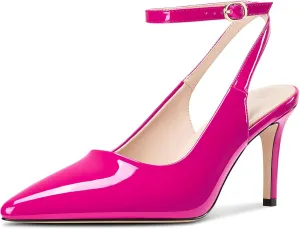 DearOnly Womens Pointed Toe Closed Slingback Stiletto High Heels Ankle Strap Party Pumps Patent Leather Dress Shoes 3.2 Inches Heels