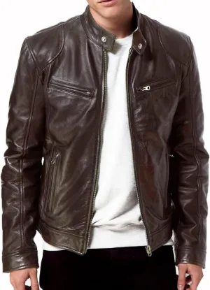 DECIMAL Men's Black Genuine Lambskin Leather Biker Jacket VINTAGE REAL BROWN MOTORCYCLE JACKETS FOR MEN