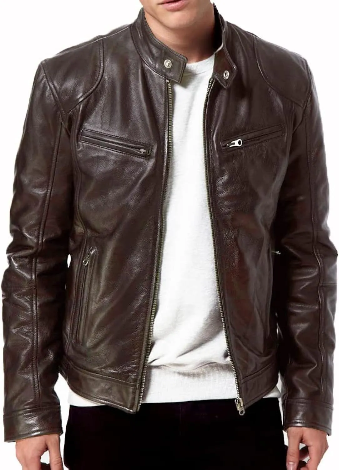 DECIMAL Men's Black Genuine Lambskin Leather Biker Jacket VINTAGE REAL BROWN MOTORCYCLE JACKETS FOR MEN