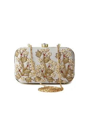 Delicate Fancy Fabric Embroidered Grey Color Clutch