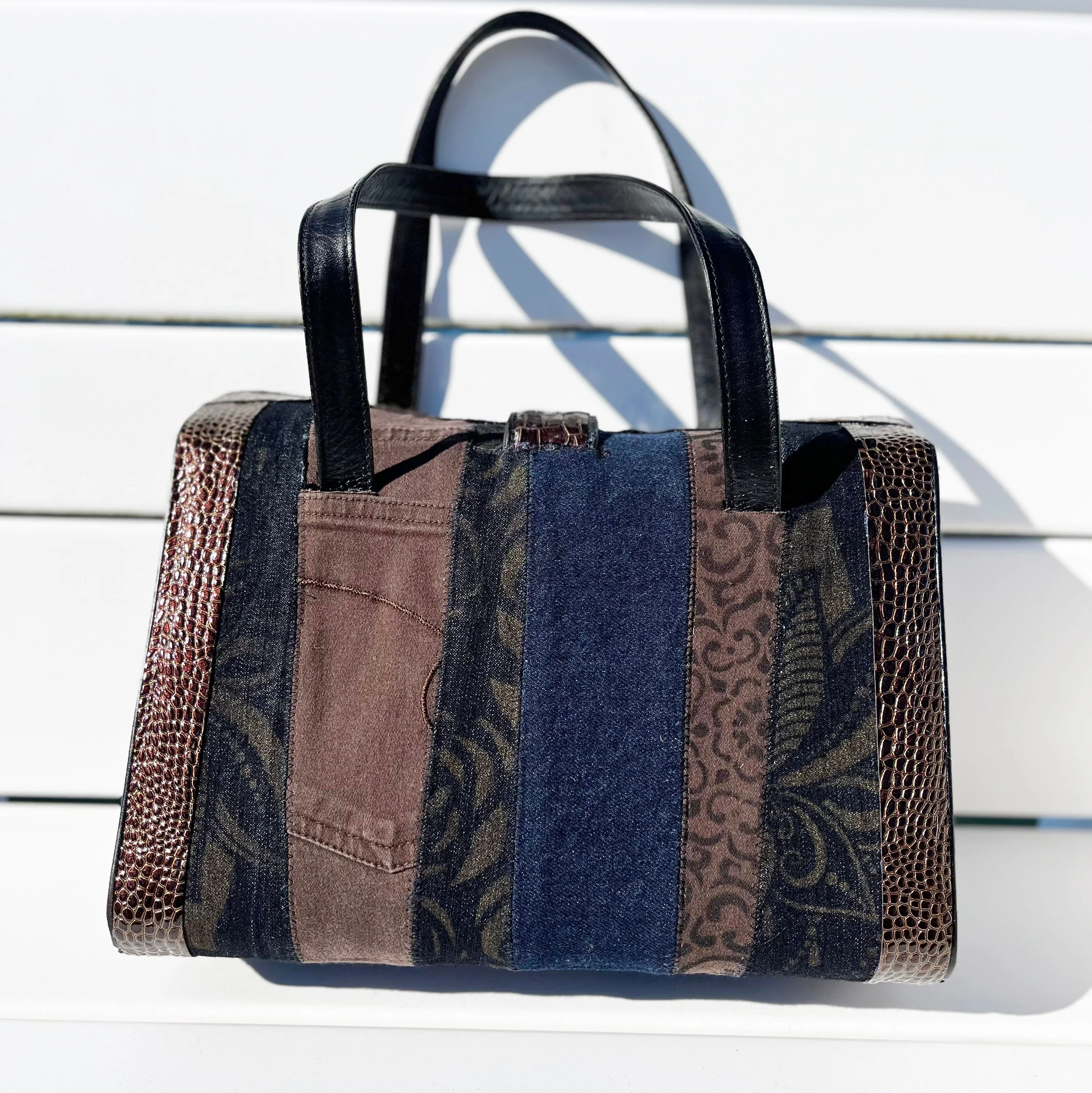 Denim, Blue, Black and Brown Stripe Handbag
