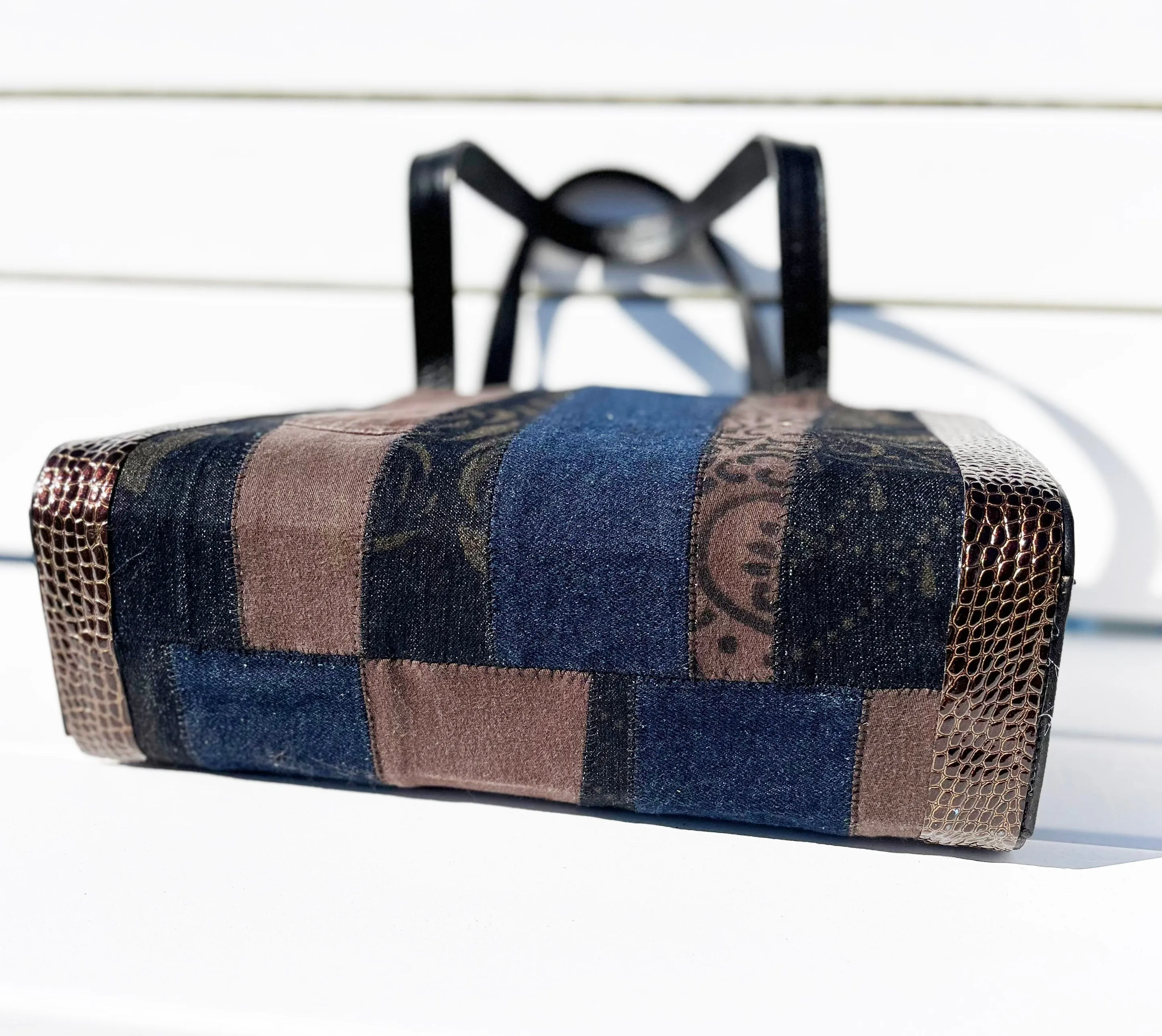 Denim, Blue, Black and Brown Stripe Handbag
