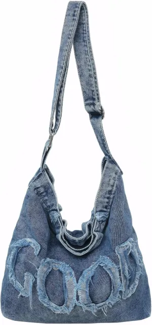 Denim Hobo Tote Bag for Women Large Casual Crossbody Jean Shoulder Purse Blue