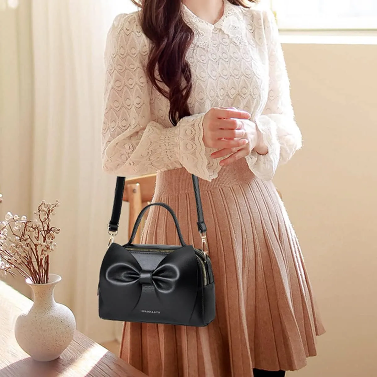 Designer Small Handbags for Women with Top Carry Handle and Cute Bow Knot,Leather Purses and Over-Shoulder Strap