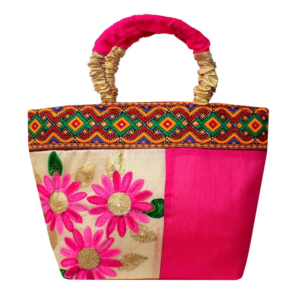 DMS Retail Floral Embroidered Handbag For Women Pink