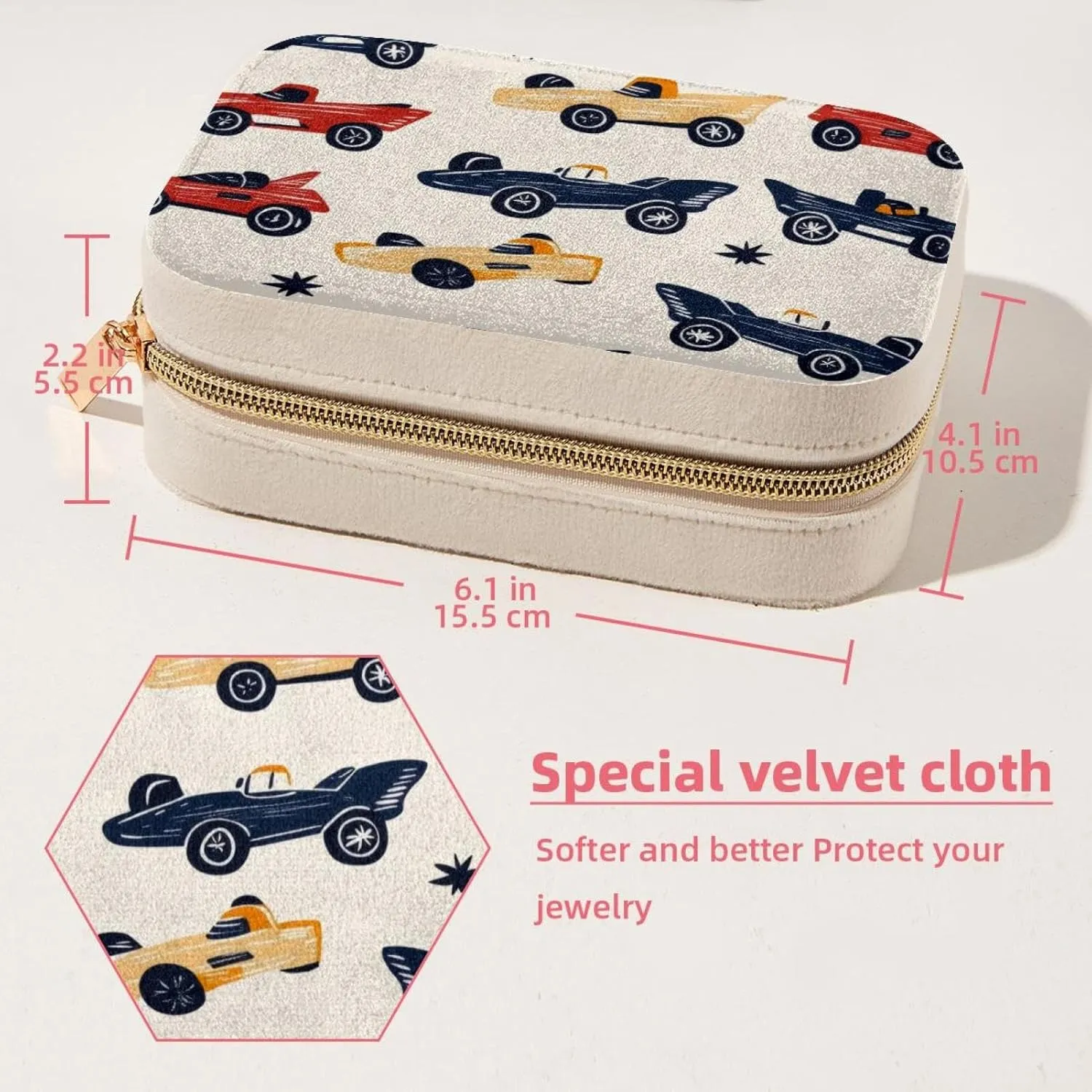 Doodle Race Cars Seamless Pattern Travel Jewelry Box, Portable Travel Display Case Storage Holder Boxes for Stud Earrings, Rings, Necklaces, Bracelets