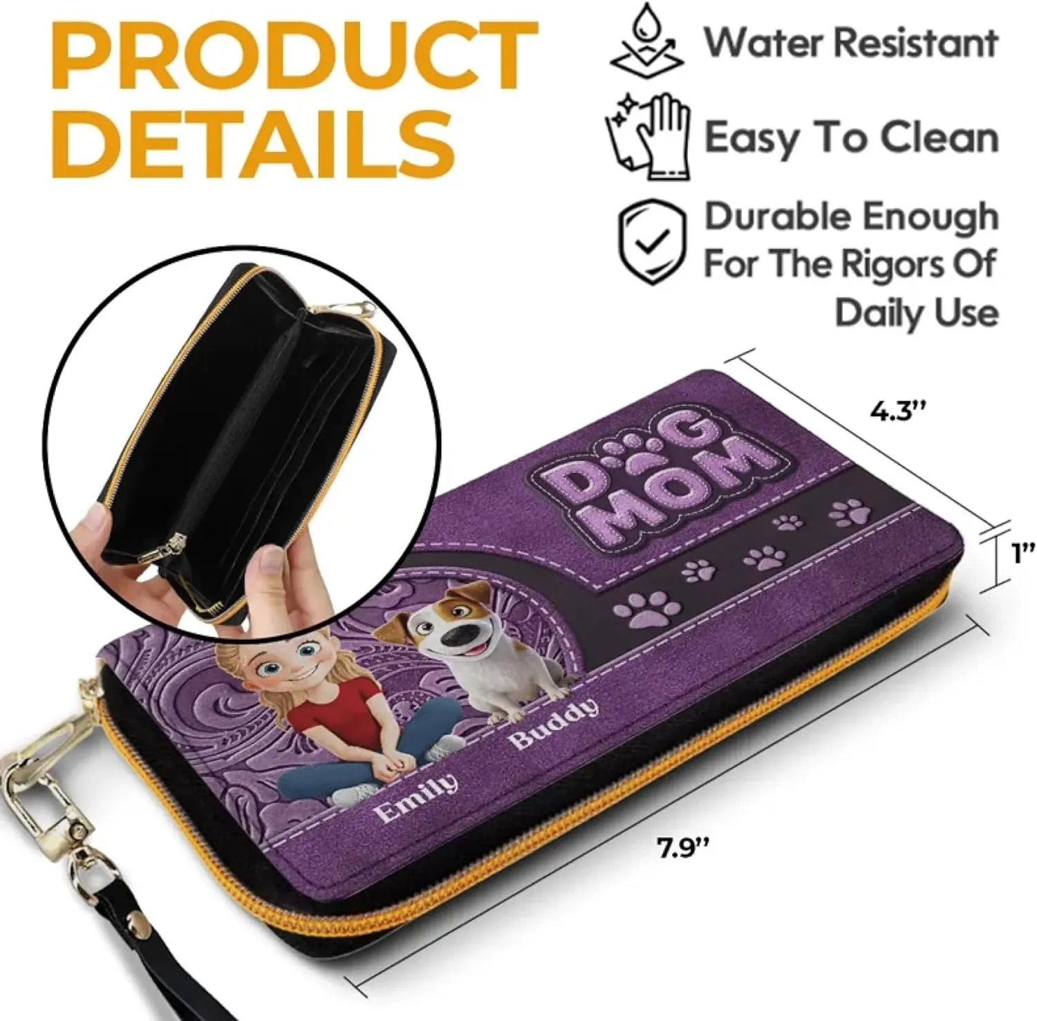 DOPTIKA Furry Love, Forever Bond, Personalized 2D Dog Mom Leather Long Wallet, Custom Leather Purse With Name, Mothers Day Gifts For Dog Lovers Women, Cute Wallet For Women, Dog Mom Gifts (2 Dogs)