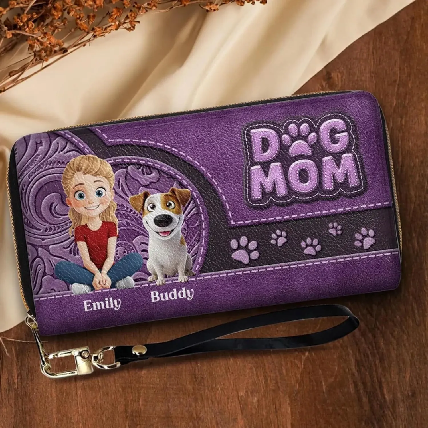 DOPTIKA Furry Love, Forever Bond, Personalized 2D Dog Mom Leather Long Wallet, Custom Leather Purse With Name, Mothers Day Gifts For Dog Lovers Women, Cute Wallet For Women, Dog Mom Gifts (2 Dogs)