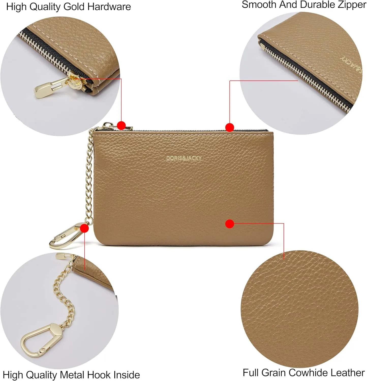 DORIS&JACKY Small Leather Coin Purse Mini Keychain Pouch Card Holder For Men Women (15-cowhide-grey)