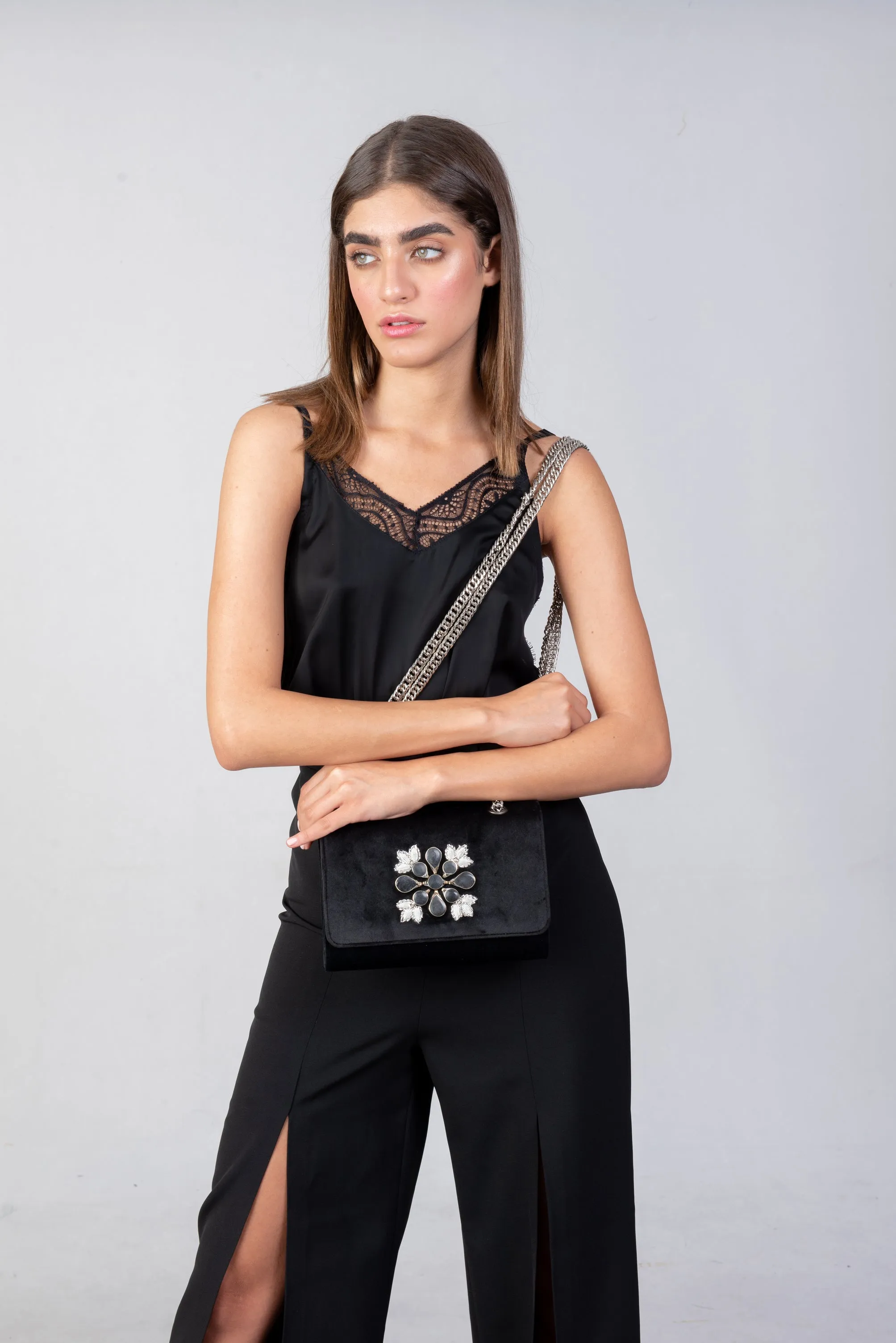 Double Black Velvet Chain Clutch