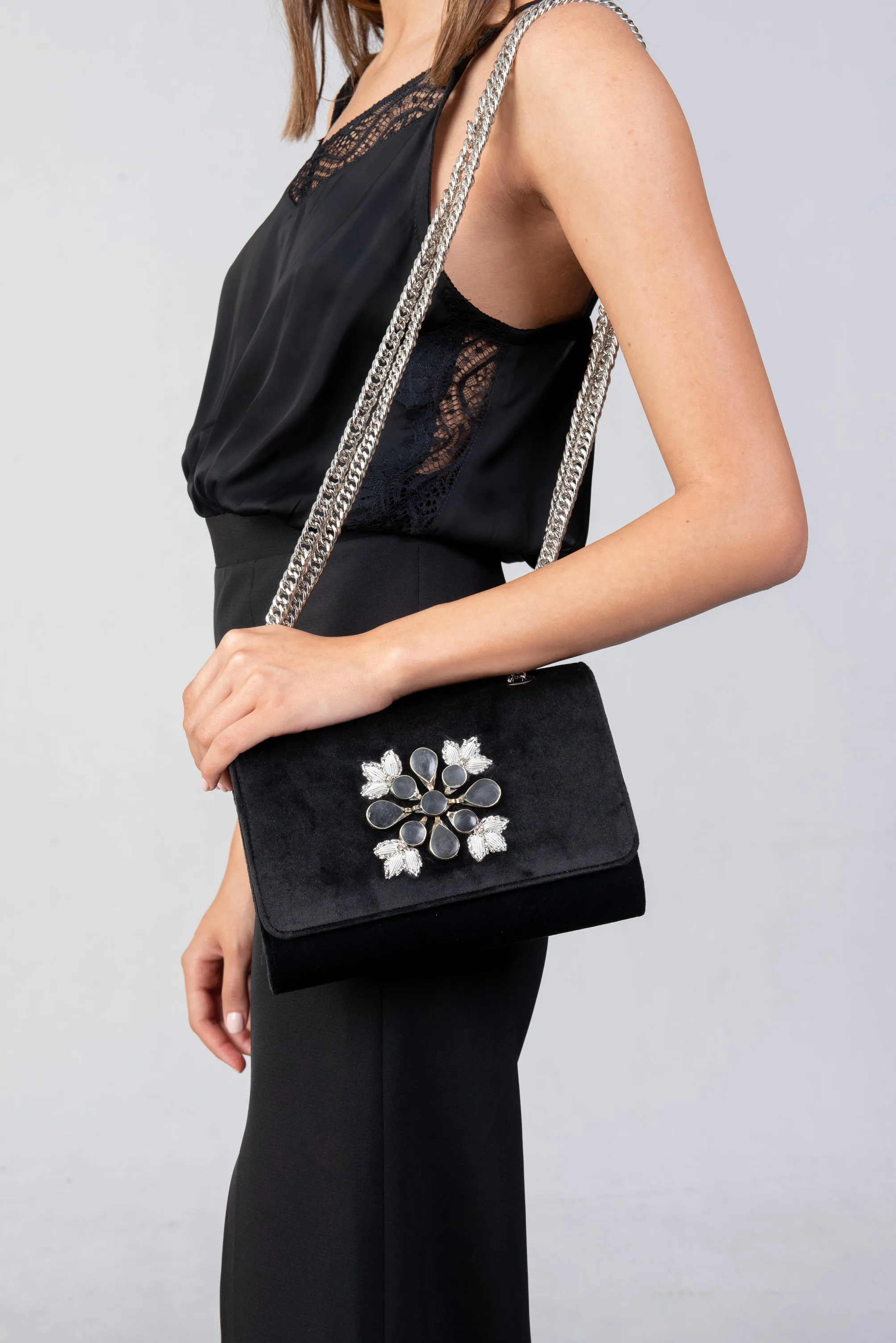 Double Black Velvet Chain Clutch