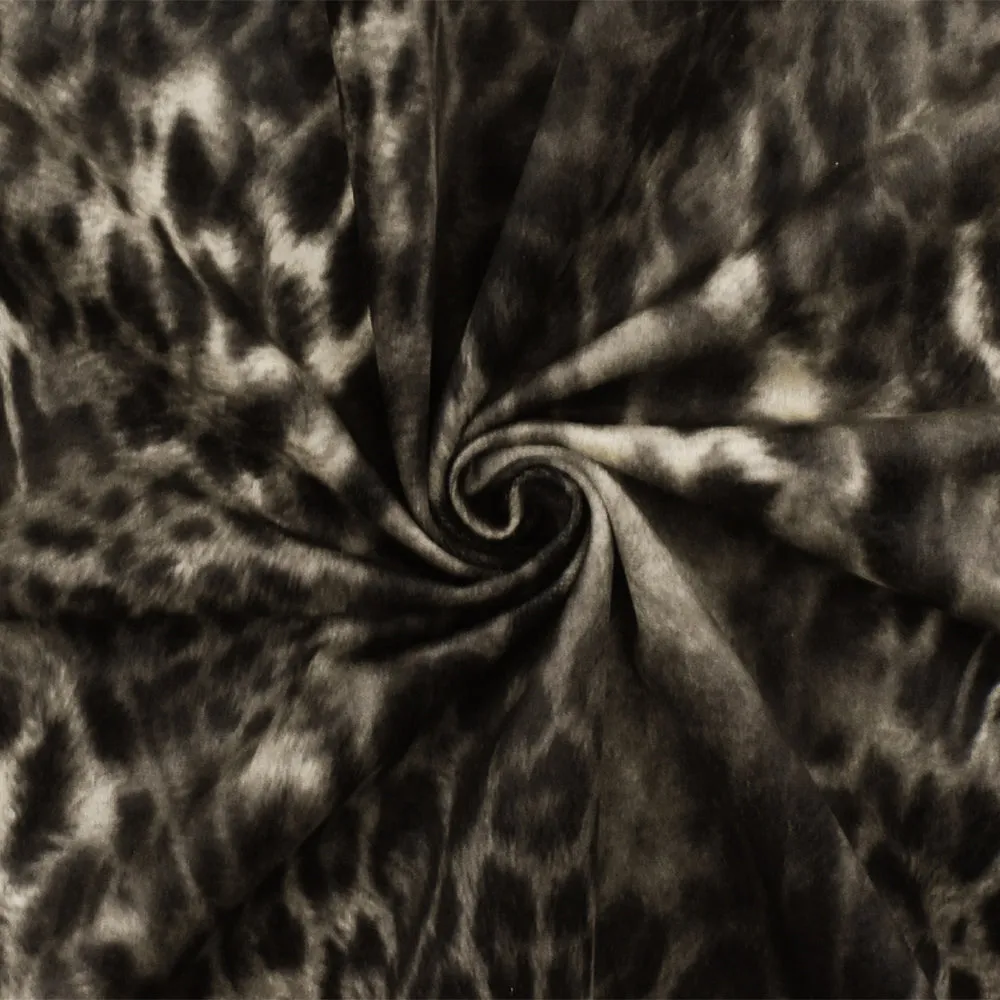 Dusty Beige-Gray-Black Cheetah Printed Poly Low-Pile Velvet Knit Fabric