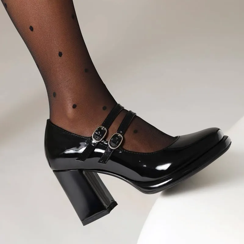 Elbslutt Women's Patent Leather Chunky Heel Mary Janes Pumps Platfrom High Block Heels Close Square Toe Pumps Shoes with Buckle Strap for Office Party Casual Wedding